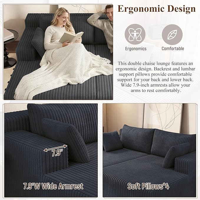 71'' Oversized Double Chaise Lounges Indoor Cloud Upholstered Boneless Couch Bed Deep Seat No Assembly Required Modern Corduroy Sleeper Loveseat Chair for Living Room Bedroom Reading (Dark Grey) |