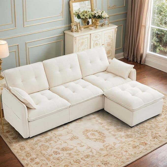 Oversized Modular Sectional Sofa with Ottoman 96.5 Inch 3 Seat Deep Seat Chenille Couch Convertible L Shaped Sofa with Pillows Comfy Seating Couch for Living Room Apartment Office (Cream)