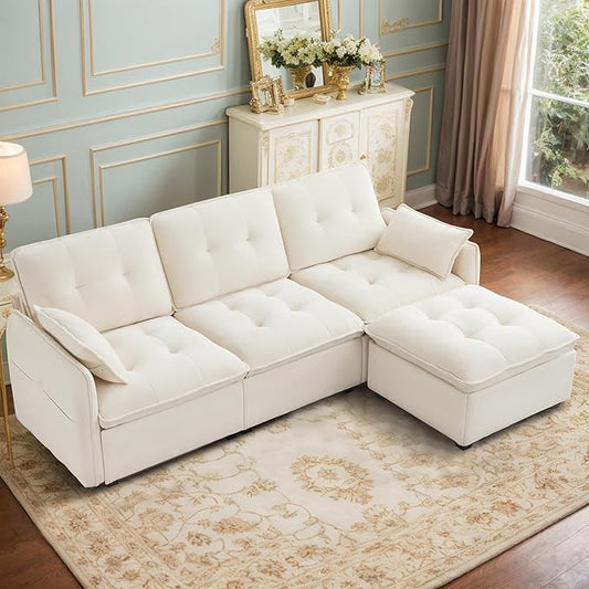 Oversized Modular Sectional Sofa with Ottoman 96.5 Inch 3 Seat Deep Seat Chenille Couch Convertible L Shaped Sofa with Pillows Comfy Seating Couch for Living Room Apartment Office (Cream)