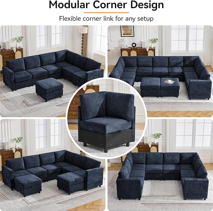 104'' V Shaped Modular Sofa Sectional Couch with Storage for Living Room Modern 7 Seater Cloud Sectional Couch with Movable Ottoman Chenille Navy
