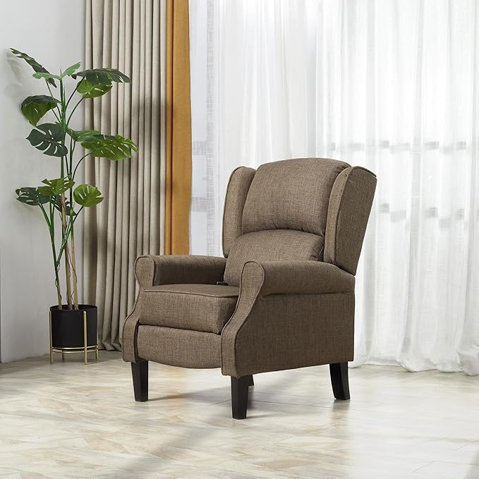 HOMCOM Vibration Massage Recliner Chair for Living Room with Heat Wingback Single Sofa Modern Linen Fabric Push Back Reclining Chair with Footrest Side Pocket Brown