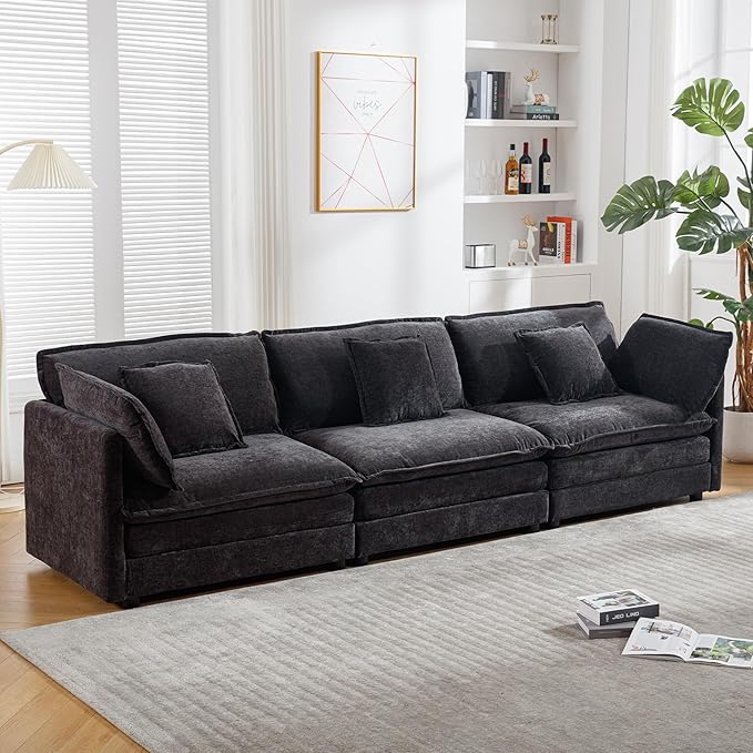 111.5 Oversized Deep Seat Sectional Sofa Black Modern Chenille Cloud Couch Large 3 Seater Modular Sofa with 5 Pillows for Living Room Bedroom Apartment Office