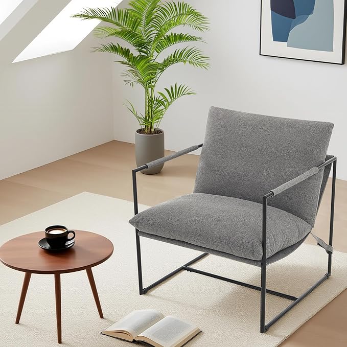 Sling Accent Chair for Living Room Modern Metal Framed Cozy Armchair Upholstered Living Room Chairs with Shredded Foam Cushioning Lounge Chair for Bedroom Living Room Reading Room Grey