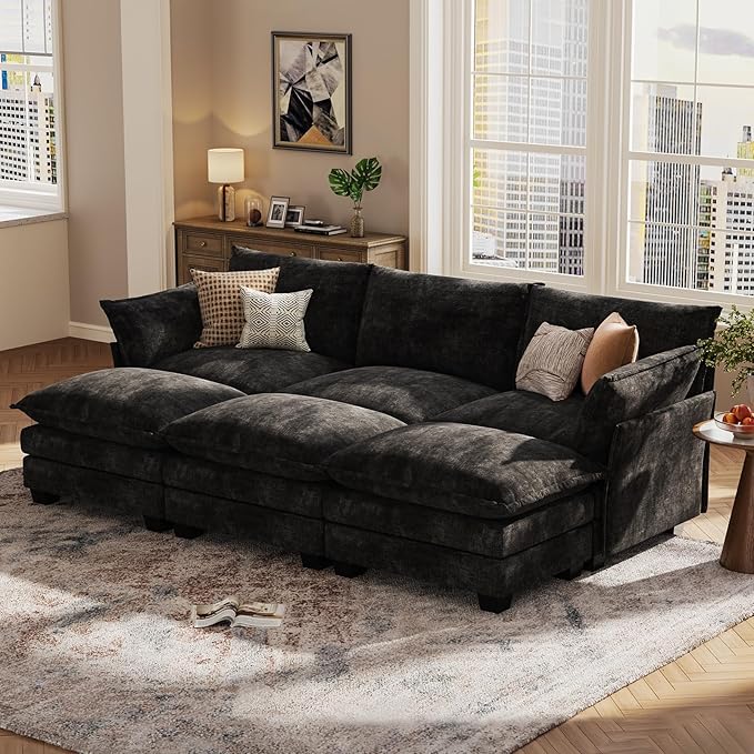 KKL 91.3 Large Modular Sectional Sofa Bed 6 Seater Convertible J/L-Shaped Sleeper Cloud Couch with Ottoman Chenille Sectional Couches for Living Room Apartment Black