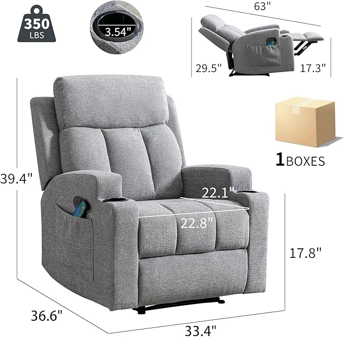 1PCS Fabric Manual Recliner Chair for Adults Comfy Reclining Chairs with Overstuffed Arm and Back Single Sofa for Living Room (1 Fabric Light Grey)