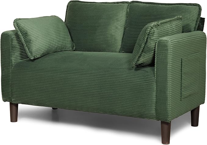 48 Corduroy Loveseat Sofa Small Couches for Living Room Green Couch for Bedroom Apartment Dorm 2 Seater Mini Sofa with Side Pocket High Rebound Sponge Cushion Easy Assembly (Green)