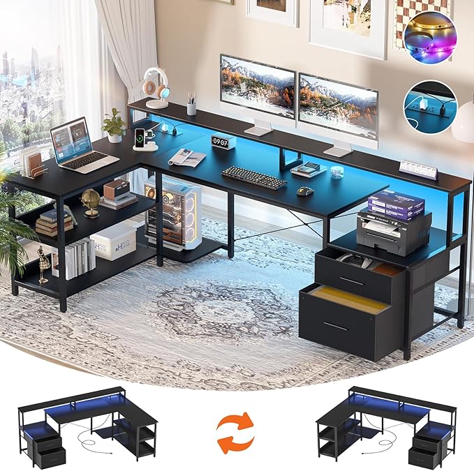 Aheaplus L Shaped Desk with Power Outlet Reversible L Shaped Computer Desk with File Drawer &amp Monitor Stand Gaming Desks with LED Strip Home Office Desks with Storage Shelf1Black