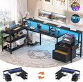 Aheaplus L Shaped Desk with Power Outlet Reversible L Shaped Computer Desk with File Drawer &amp Monitor Stand Gaming Desks with LED Strip Home Office Desks with Storage Shelf1Black