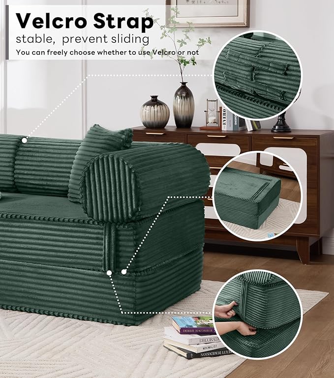 Tbfit 79'' Convertible Sofa Bed Oversized Corduroy Folding Boneless Couch Futon Mattress Sleeper Sofa Comfy Foldable Upholstered Floor Couches for Living Room Dark Green