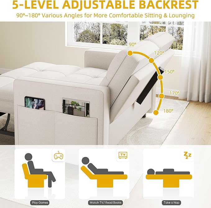 YITAHOME 55 Convertible Sofa Bed 3-in-1 Sleeper Sofa with Iron Frame Pull-Out Bed Linen Futon Couch with Reclining Backrest and Side Pocket Modern Loveseat for Living Room Bedroom Apartment Beige