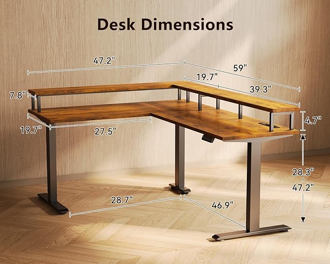 AODK Electric L Shaped Standing Desk 59 Inch Height Adjustable Stand Up Desk with Power Outlets ＆ Full Monitor Stand Reversible Corner Desk for Home Office ＆ Computer Workstation Rustic Brown