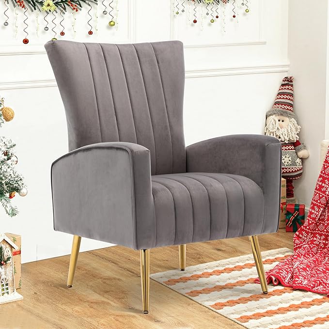 LSSPAID Velvet Accent Chairs Set of 1 Modern Fabric Upholstered Living Room Chairs Armchairs with Wing Back and Metal Legs Grey