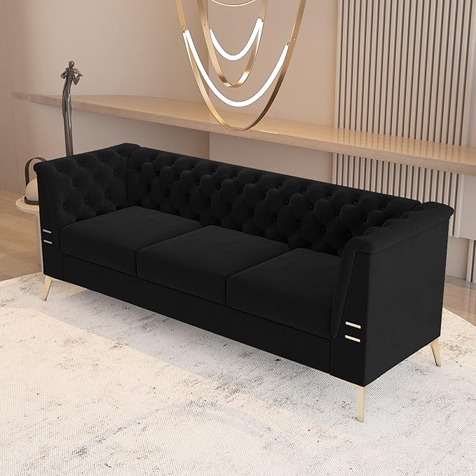 WILLIAMSPACE Chesterfield Black Sofa 3 Seater Velvet Couches Upholstered Tufted Sectional Sofa for Living Room/Office/Apartment