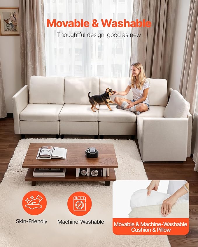 VEVOR Modular Sectional Sofa Modern 5-Seater Modular Sofa with Hidden Storage Customizable Cloud Sectional Couch Solid Wood Frame Upholstered Comfy Couch for Living Room Bedroom Beige