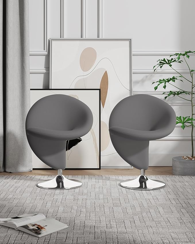 Manhattan Comfort Curl Swivel Accent Chair Set of 2 with 360° Turn Fully Assembled Upholstered in Wool Blend Modern Ergonomic Design with Polished Chrome Base Living Room &amp Office Set of 1 G