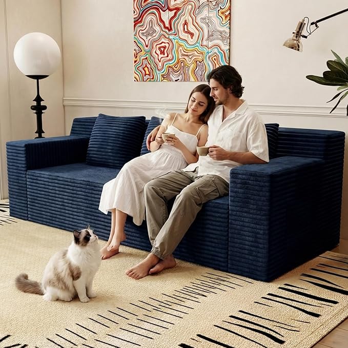 71Cloud Loveseat SofaModern 2-Seater Boneless Couch with 3 Pillows &amp Side PocketSoft Corduroy Love seatCompressed FoamDeep SeatNo Assembly for Living RoomBedroomApartment(Flat Handrail Bl