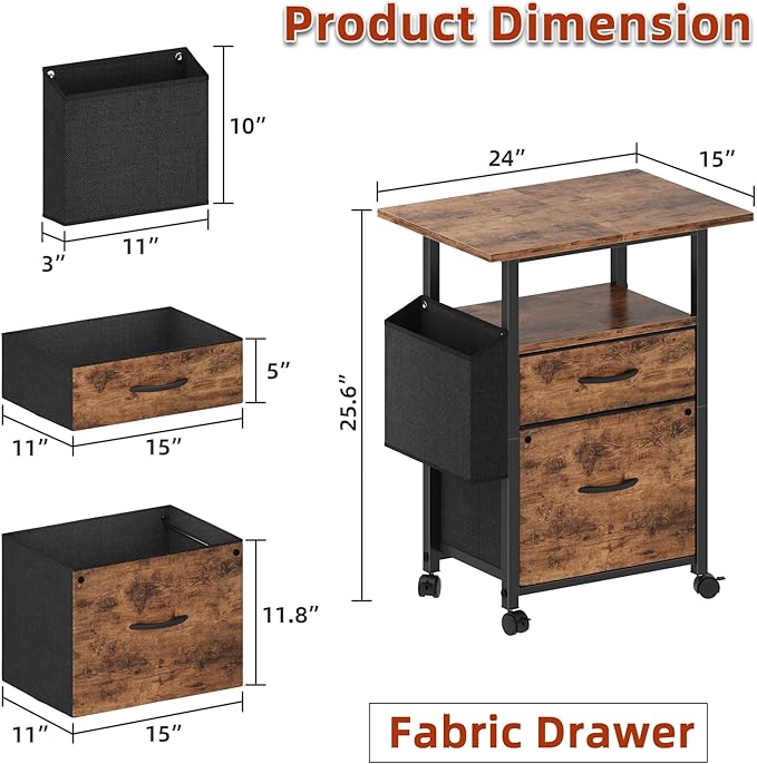 GYIIYUO 2 Drawer File Cabinet with 24'' Extended Desktop Mobile Filing Cabinet Rolling File Cabinet with Side Bag Fabric Drawer Fits A4/Letter Size Printer Stand Home Office Light Brown