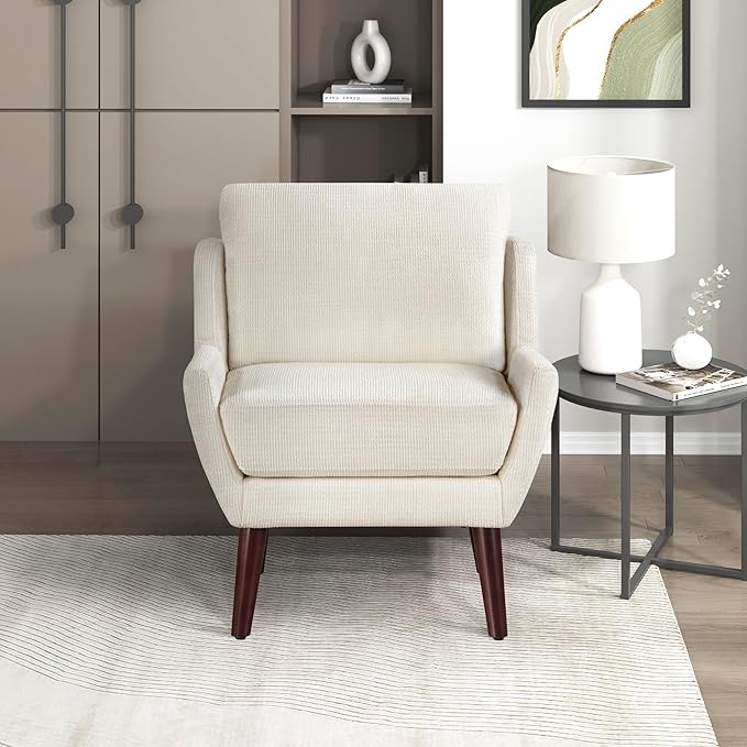 Lexicon Modern Wingback Accent Chair Chenille Fabric Upholstered Lounge Reading Arm Chair Solid Wood Legs for Living Room Bedroom Supportive Padded Pocket Coil Seat Easy Assembly Beige