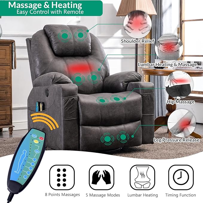 VIVIJASON Manual Massage Rocker Recliner Chair 360° Swivel Glider Lounge Chair with Heat Ergonomic Home Theater Recliner Sofa with 2 Side Pockets Cup Holders &amp USB Ports for Living Room Gray