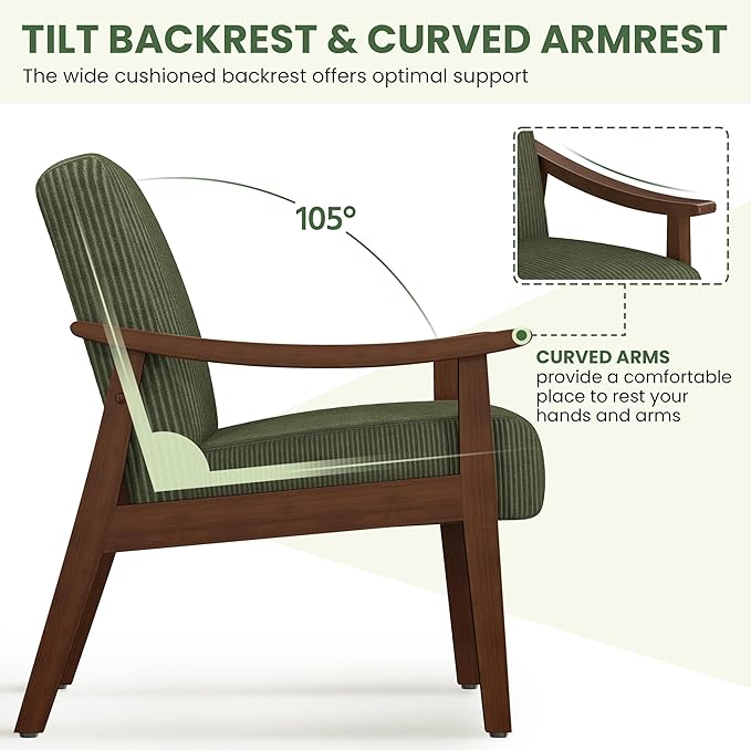 Yaheetech Corduroy Accent Chair Mid-Century Modern Armchair with Solid Wood Legs Reading Leisure Chair with High Back for Living Room Bedroom Waiting Room Set of 2 Dark Green