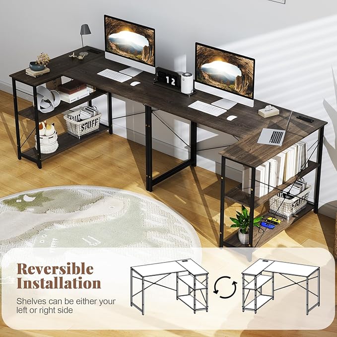 Giantex L Shaped Desk with Charging Station 47 Inch Reversible Computer Desk with Adjustable Storage Shelves &amp Metal Frame Modern Corner Desk for Home Office Studying Writing Gaming (Grey Oak)