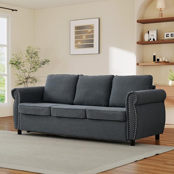 Queen Pull Out Sofa Bed 2-In-1 Pull Out Couch Bed with Memory Foam Mattress &amp Riveted Rolled Armrests 3 Seater Convertible Sleeper Sofa Foldable Couch for Living Room Bedroom Apartment(Dark G
