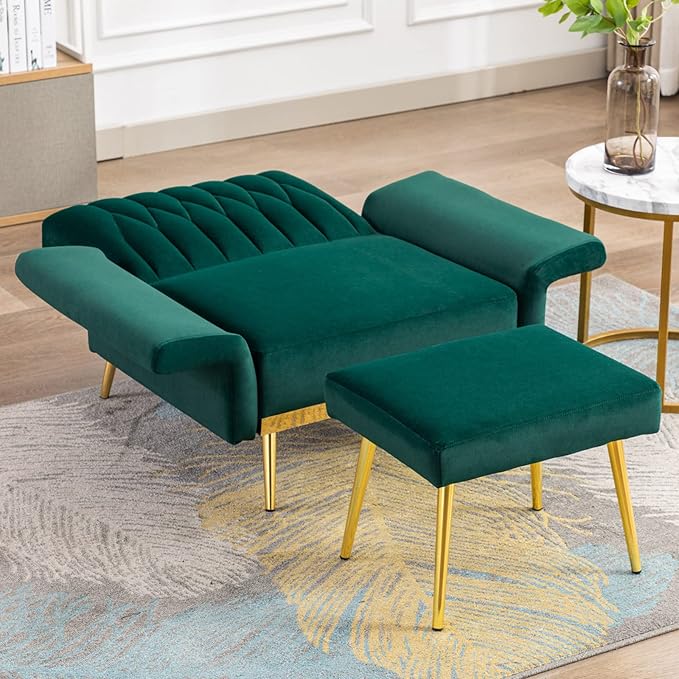Paddie Modern Velvet Single Sofa Chair with Ottoman Accent Living Room Chairs with Adjustable Armrests Upholstered Tufted Lounge Chair for Home Bedroom Office