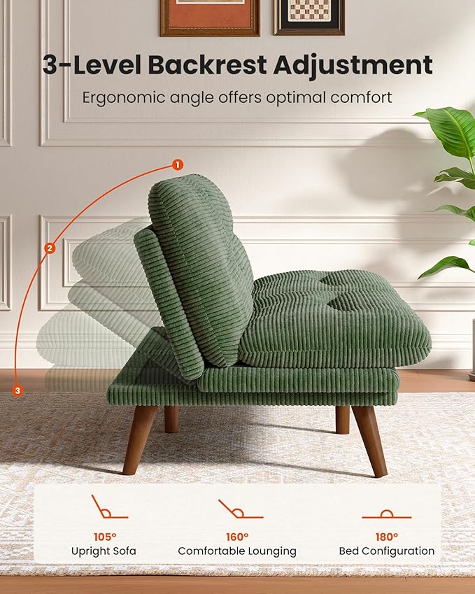 Amada 75 Convertible Futon Sofa Bed Corduroy Folding Futon Set with Adjustable Backrest &ampArmrests Recliner Lounge for Living Room Apartment or Office Solid Wood Frame Loveseat Sofa -Forest G