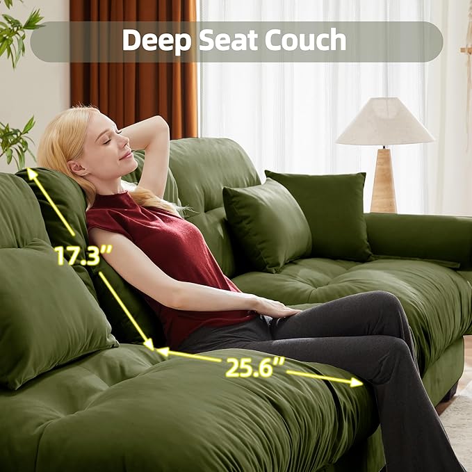 Loveseat Sofa 93.7 Modular Sectional Sofa 2 Seater Modern Cloud Couch Oversized Sectional Couches for Living Room Comfy Velvet Sofas Deep Seat Couch with 4 Pillows for Apartment Green