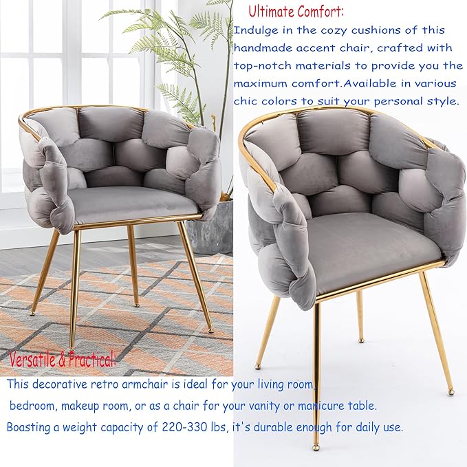 Luxury Velvet Accent Chair with Gold LegsModern Stylish Cosmetic Chair for Desk Living Room or BedroomComfortable Single Sofa Chair for Home Office (Gray)