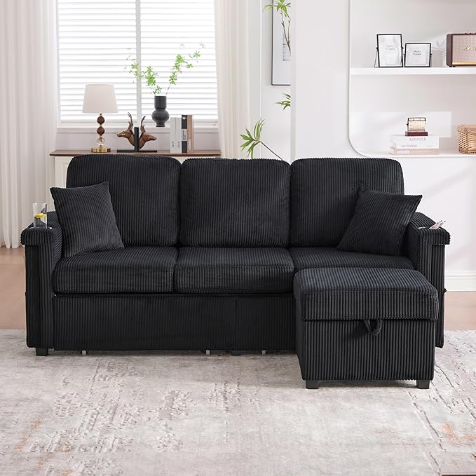 76.8 L-Shaped Sleeper Sofa with Storage Ottoman USB Ports Cup Holders&ampLED Lights Side Pockets Comfy Corduroy Modern 3-Seater Small Couch Bed for Living Room with 2 Throw Pillows (Black)
