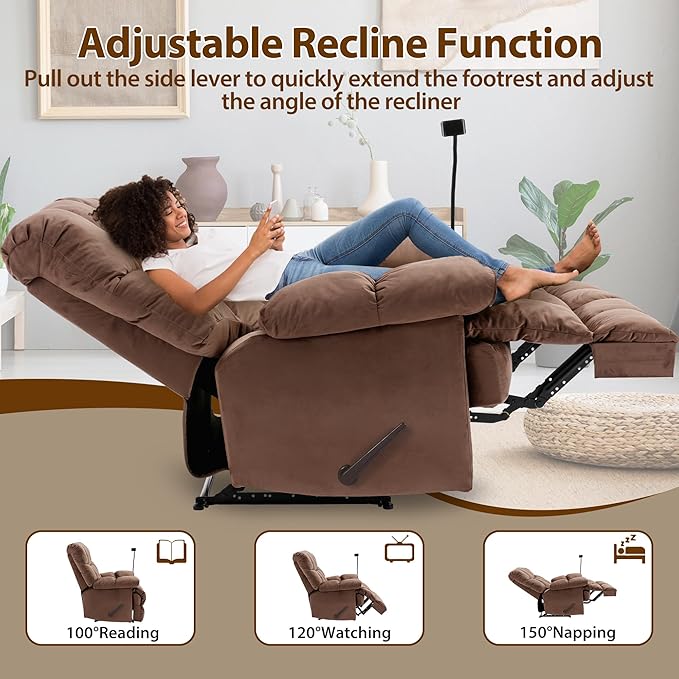 Manual Adjustable Oversized Recliner Chair with Phone Holder Extra Large Recliner for Heavy Duty Adults 400lbs Big Man Recliners for Living Room Nursery RV