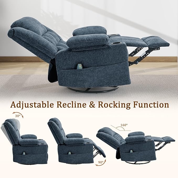 Adult 360° Swivel Recliner Chair with Massage and Heating Functions Suitable for Nurseries Features a Cup Holder and Manual Seat Adjustment Ideal for Living Rooms and Bedrooms (Fabric Blue)