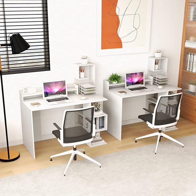 Tangkula White Desk with Storage Bookshelf &amp Hutch 48” Modern Home Office Desk with 8 Storage Shelves Space Saving Writing Study Desk for Bedroom Compact Computer Workstation for Home