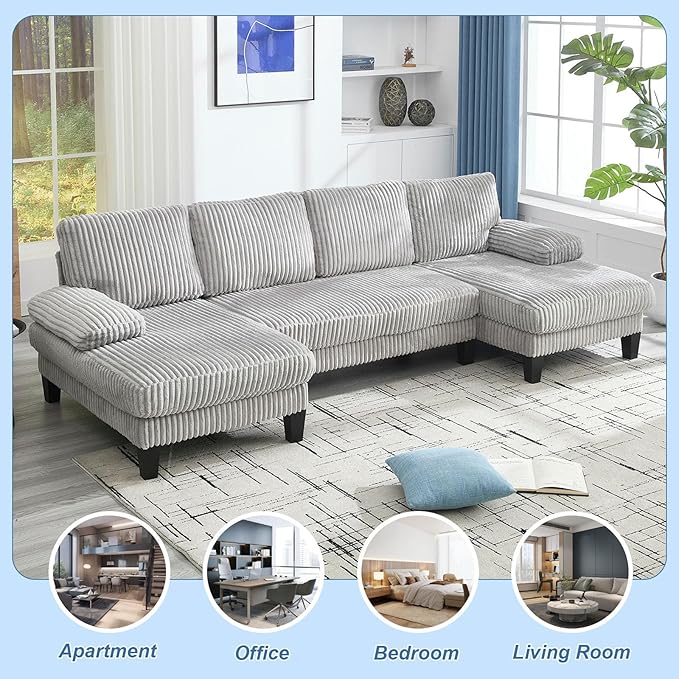 114 Sectional Couches for Living Room Corduroy Deep Seat Cloud Couch Double Chaise U Shaped Sofa Light Gray