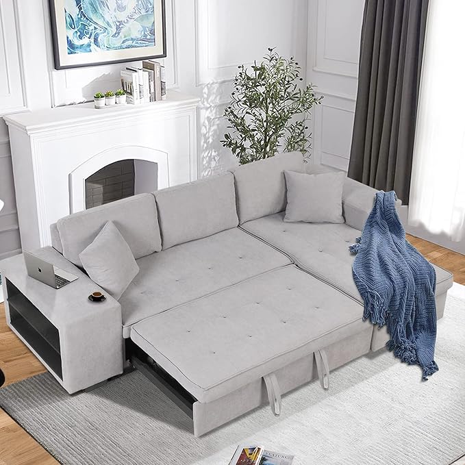 Flieks 104.5 inch Reversible Sectional Sofa with Storage Chaise2 Shelves2 Stools and 2 Tossing Cushions - 3 Seat Sleeper Contemporary Corner Sectional with Pull-Out Sleeper and Chaise