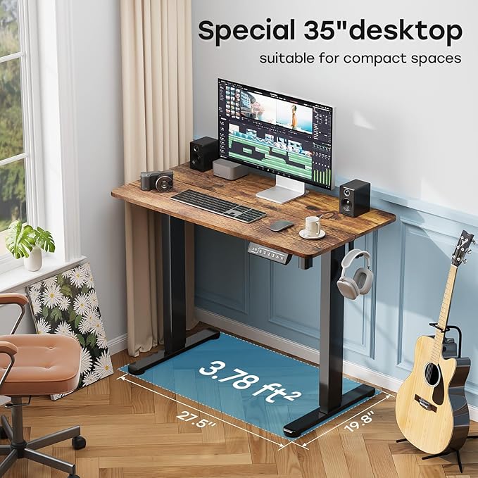 Small Standing Desk 35 ×20 Electric Standing Table Height Adjustable Compact Sit Stand Workstation with Splice Board Home Office Desk with 2 Hooks Rustic Brown