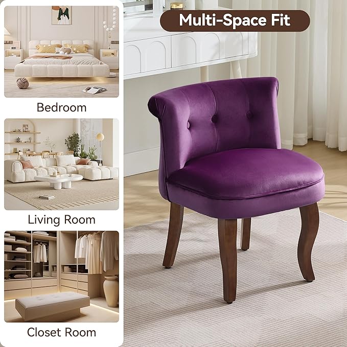Velvet Vanity Chair with Solid Wood Legs Tufted Upholstered Vanity Stool with Back Mid Century Small Makeup Accent Chair for Bedroom Living Room Purple