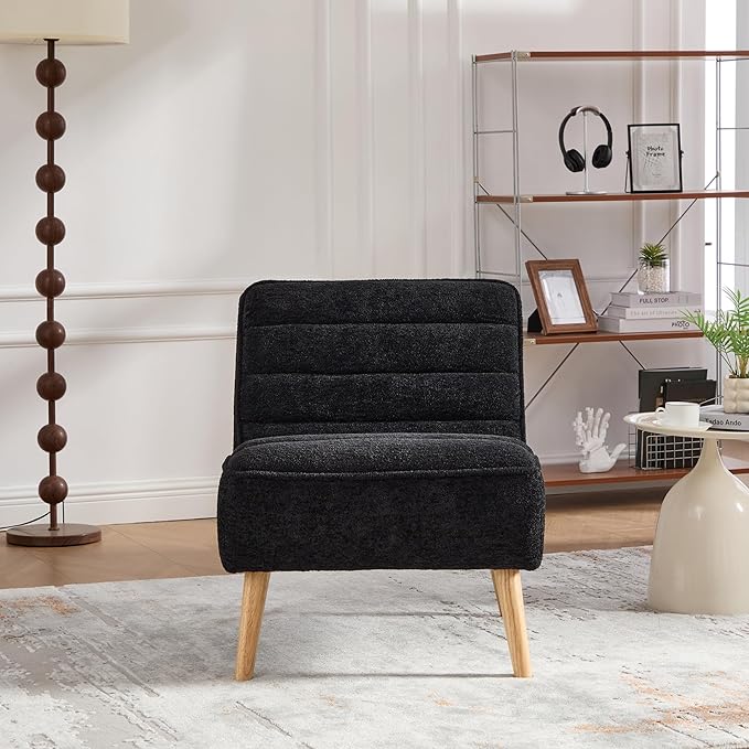 GDFStudio 24.4 Wide Modern Accent Chair Armless Upholstered Lounge Chair with Chenille Fabric &amp Rubber Wood Legs Compact Space-Saving Design for Living Room Bedroom Office - Black