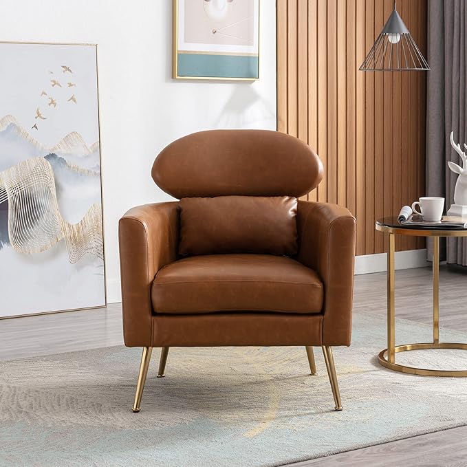 Accent Chair Upholstered Barrel Arm Chair for Living Room Bedroom Reception Room Office Modern Soft Padded Single Sofa Chair with Golden Legs &amp Lumbar Pillow PU Brown