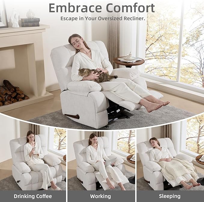 Oversized Rocker Recliner Chair Overstuffed Extra Wide Manual Rocking Recliner Adults Chair for Big Man Reclining Sofa Chairs for Living Room Beige