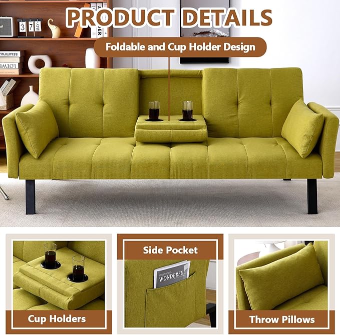 72 Cotton Linen Futon Couch Living Room Couch Bed Convertible Sleeper Sofa Bed with Cup Holder for Bedroom Guest Bed 2 Seater Reclining Sofas Couches with Nailhead Trim for Small Space (Green)