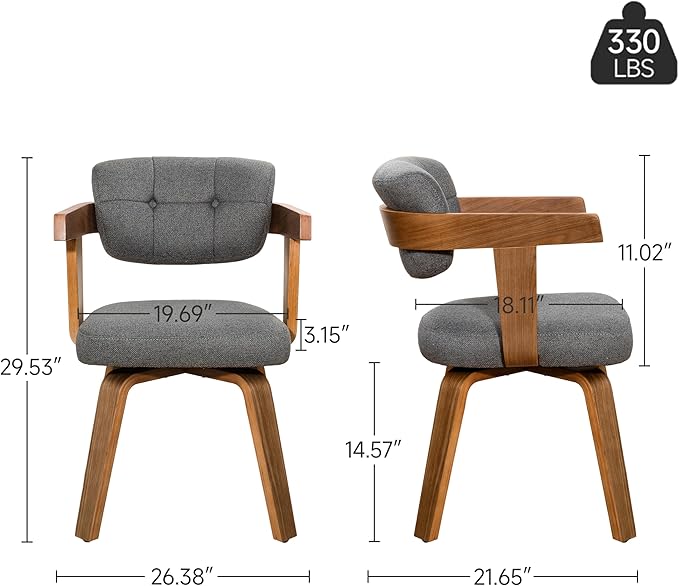 Art Leon Mid Century Modern Dining Chairs - Set of 2 Comfy Fabric Upholstered Dining Chairs Home Office Chair No Wheels Accent Arm Chair with Wood Legs for Kitchen Living Room Bedroom Gray/Walnut