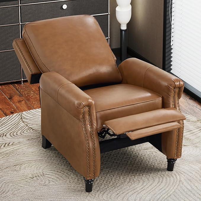 CANMOV Push Back Recliner Chair Set of 2 Genuine Leather Pushback Reclining Chair with Padded Seat Wingback Recliner with Rivet Decoration Single Sofa Recliner for Living Room Apartment Brown