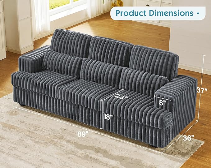 VanAcc 89 Inch Sofa Modern Sofa Couch with Deep Seats Comfy Sofa with 3 Throw Pillows Upholstered Couch for Living Room Grey Couch