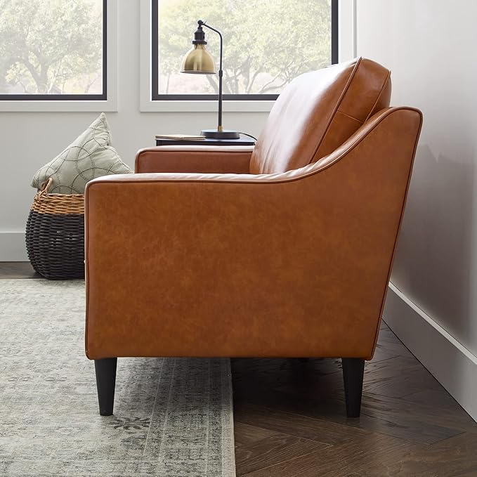 Edenbrook Jensen Upholstered Couch - Camel Faux Leather for Living Room - Small Seats Three - Scoop Arm Modern Furniture