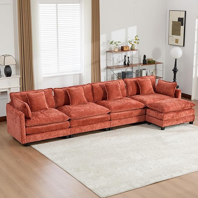 146.5 Orange Modular Sectional Sofa 4 Seater Large Sectional Couches for Living Room Chenille Fabric Oversized Cloud Couch with Ottoman Deep Seat Home Sofas Set Sofá Moderno L Shaped