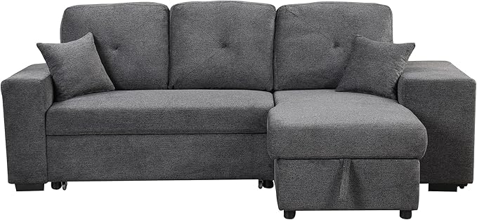 Flieks Reversible Sleeper Sectional Sofa Bed with Side Shelf and 2 StoolsPull-Out L-Shaped Sofa BedCorner Sofa-Bed with Storage Chaise Left/Right Hande for Living RoomBlue Black