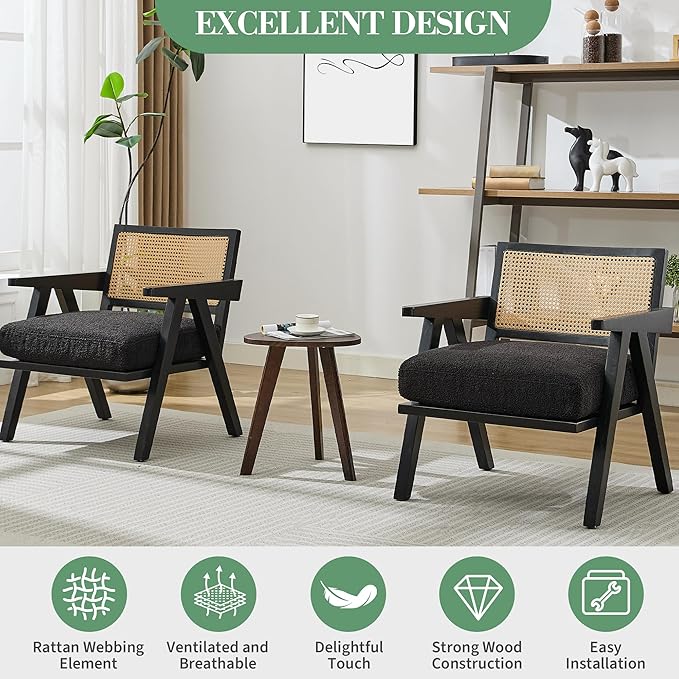 Garvee Mid-Century Modern Accent Chair Linen Upholstered Lounge Chair withWood Frame Soft Cushion - Comfortable Reading Armchair for Living Room Bedroom Office - Black 2 PCS