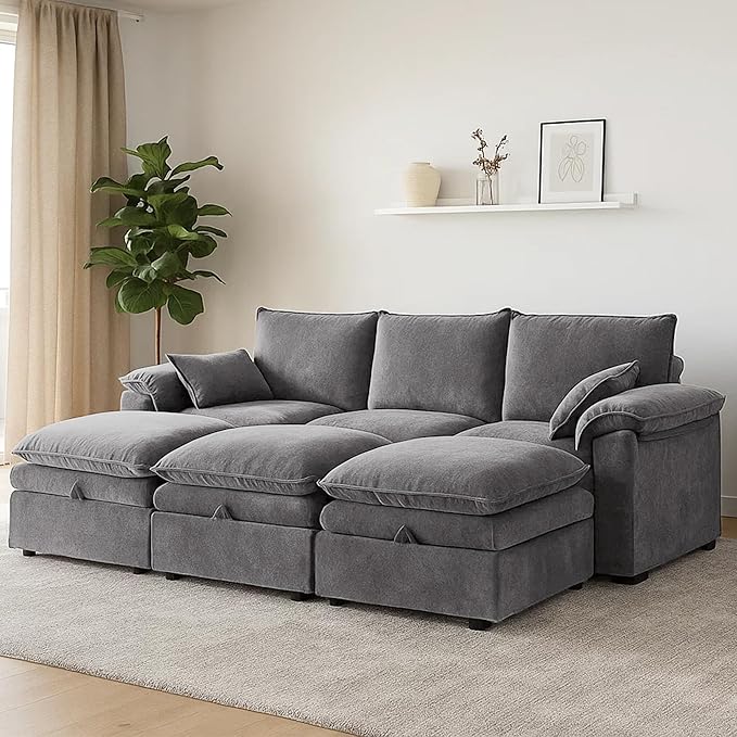 Large L-Shaped Sectional Couch Set - 6 Seater Oversized Cloud Sofa for Living Room Big Comfy Chenille Fabric Couches Extra Long Modular Sofa Bed Furniture